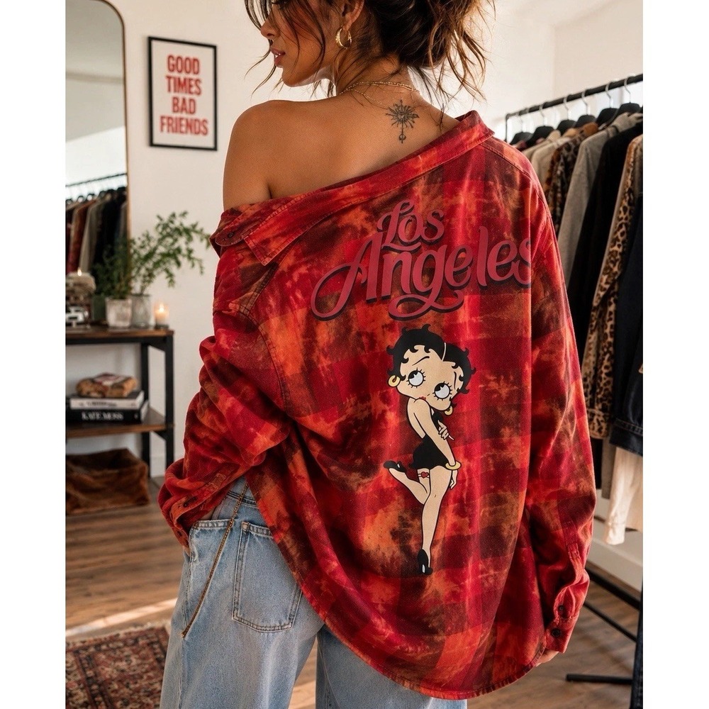 Betty Boop Button Down Shirt Plaid Sz L Flannel Bleach Tie Dye Los Angeles